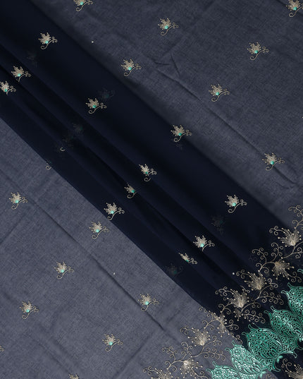Blue Floral Premium Pure Swiss 100% Cotton Voile Embroidered Traditional Sudanese Thobe 4.5 Mtrs 140cm Swiss Quality - D30296