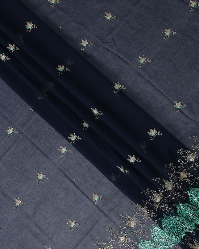 Blue Floral Premium Pure Swiss 100% Cotton Voile Embroidered Traditional Sudanese Thobe 4.5 Mtrs 140cm Swiss Quality - D30296