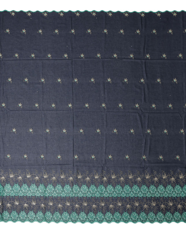 Blue Floral Premium Pure Swiss 100% Cotton Voile Embroidered Traditional Sudanese Thobe 4.5 Mtrs 140cm Swiss Quality - D30296
