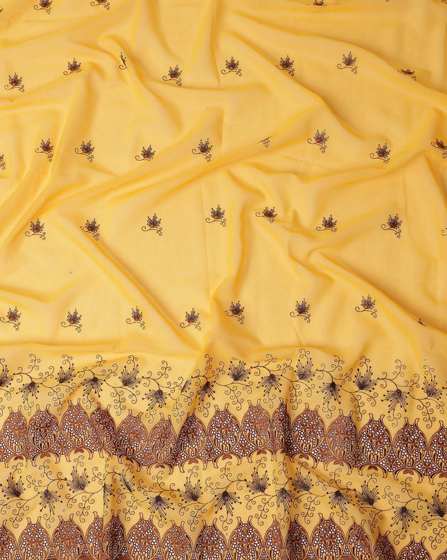 Yellow Floral Premium Pure Swiss 100% Cotton Voile Embroidered Traditional Sudanese Thobe 4.5 Mtrs 140cm Swiss Quality - D30293