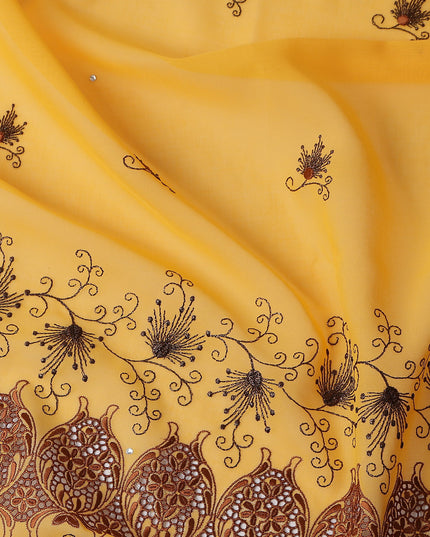 Yellow Floral Premium Pure Swiss 100% Cotton Voile Embroidered Traditional Sudanese Thobe 4.5 Mtrs 140cm Swiss Quality - D30293