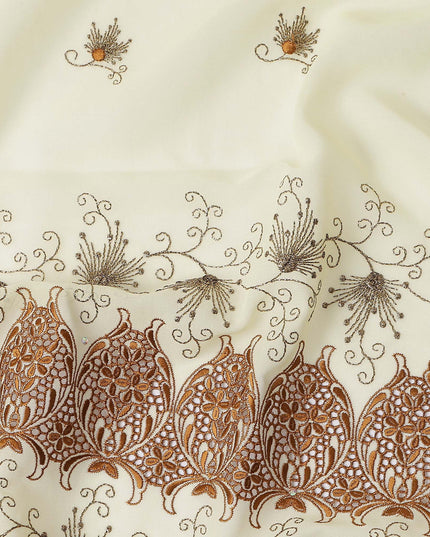 Cream Floral Premium Pure Swiss 100% Cotton Voile Embroidered Traditional Sudanese Thobe 4.5 Mtrs 140cm Swiss Quality - D30294