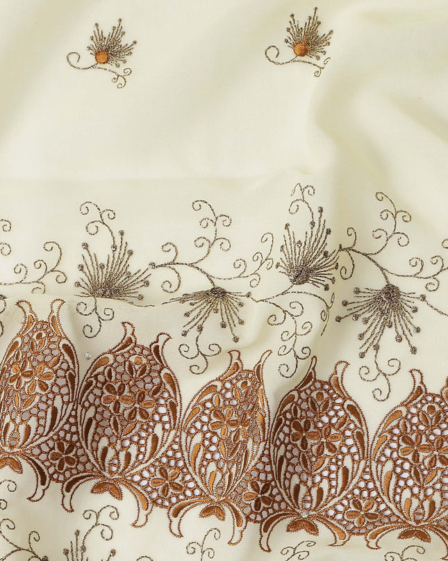 Cream Floral Premium Pure Swiss 100% Cotton Voile Embroidered Traditional Sudanese Thobe 4.5 Mtrs 140cm Swiss Quality - D30294