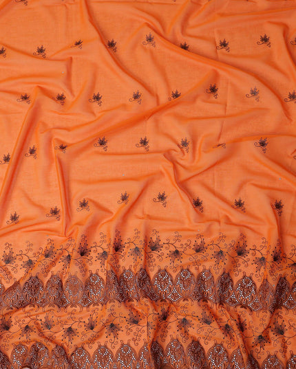 Orange Floral Premium Pure Swiss 100% Cotton Voile Embroidered Traditional Sudanese Thobe 4.5 Mtrs 140cm Swiss Quality - D30297