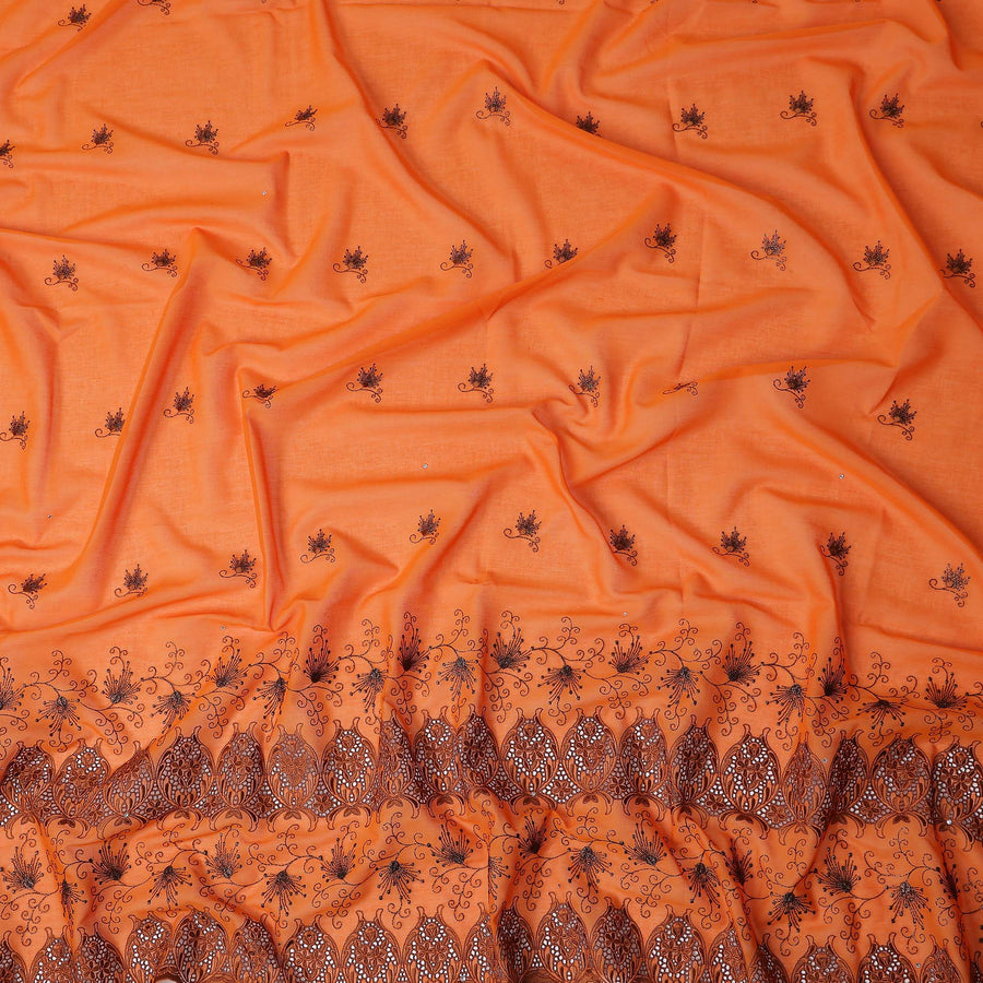 Orange Floral Premium Pure Swiss 100% Cotton Voile Embroidered Traditional Sudanese Thobe 4.5 Mtrs 140cm Swiss Quality - D30297