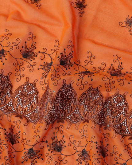 Orange Floral Premium Pure Swiss 100% Cotton Voile Embroidered Traditional Sudanese Thobe 4.5 Mtrs 140cm Swiss Quality - D30297