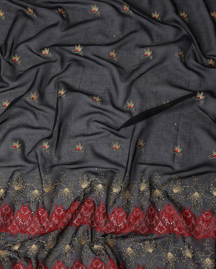 Black Floral Premium Pure Swiss 100% Cotton Voile Embroidered Traditional Sudanese Thobe 4.5 Mtrs 140cm Swiss Quality - D30298