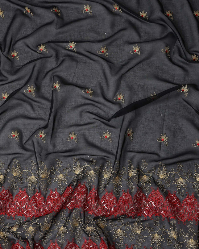 Black Floral Premium Pure Swiss 100% Cotton Voile Embroidered Traditional Sudanese Thobe 4.5 Mtrs 140cm Swiss Quality - D30298