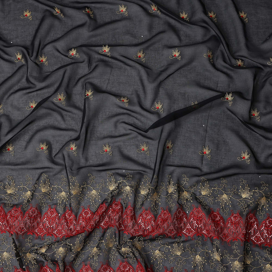 Black Floral Premium Pure Swiss 100% Cotton Voile Embroidered Traditional Sudanese Thobe 4.5 Mtrs 140cm Swiss Quality - D30298