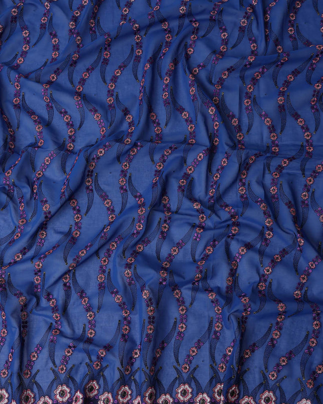 Royal Blue Embroidered Floral Swiss Cotton Voile 140cm