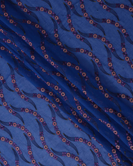Royal Blue Embroidered Floral Swiss Cotton Voile 140cm