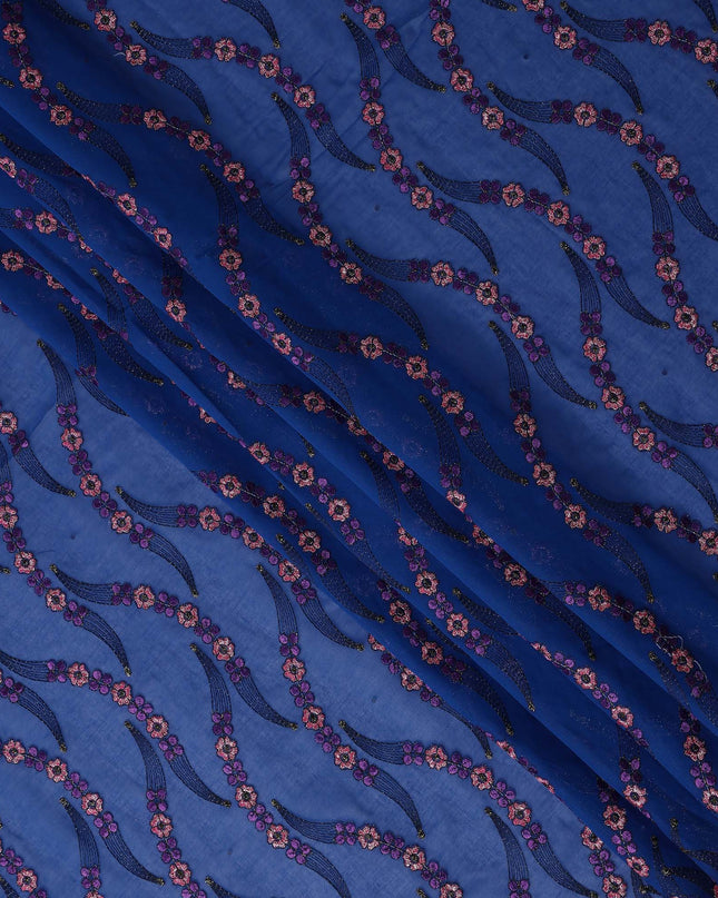 Royal Blue Embroidered Floral Swiss Cotton Voile 140cm