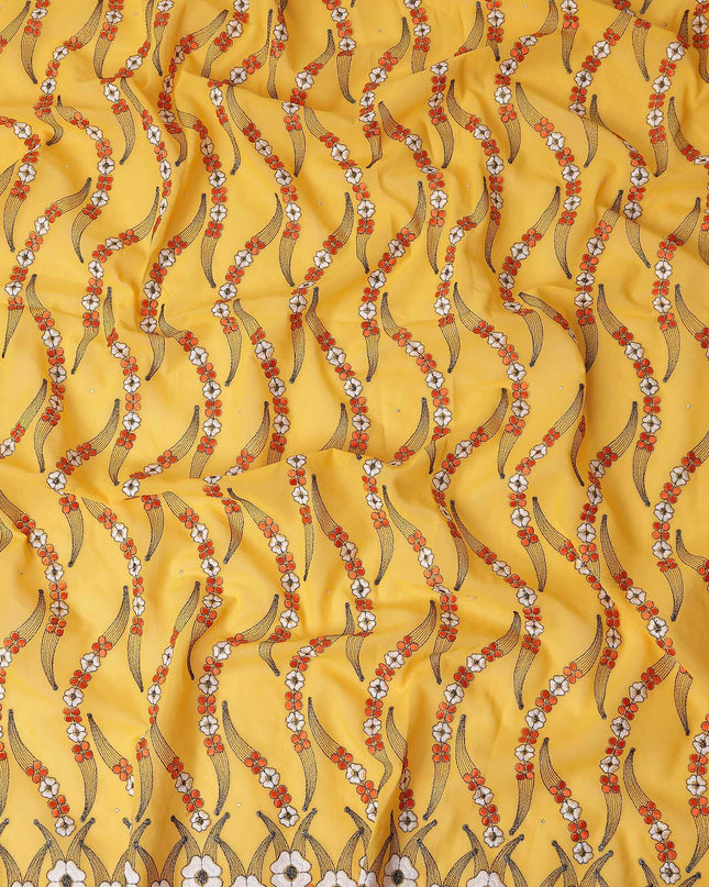 Golden Yellow Embroidered Floral Swiss Cotton Voile 140cm