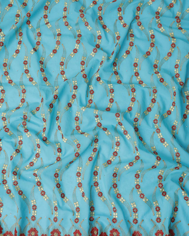 Turquoise Teal Embroidered Floral Swiss Cotton Voile 140cm
