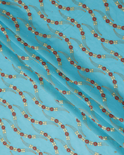 Turquoise Teal Embroidered Floral Swiss Cotton Voile 140cm