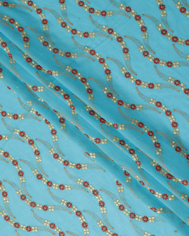 Turquoise Teal Embroidered Floral Swiss Cotton Voile 140cm
