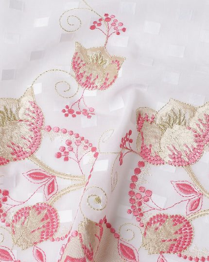 White Floral Premium Pure Swiss 100% Cotton Voile Embroidered Traditional Sudanese Thobe 4.5 Mtrs 140cm Swiss Quality - D30291