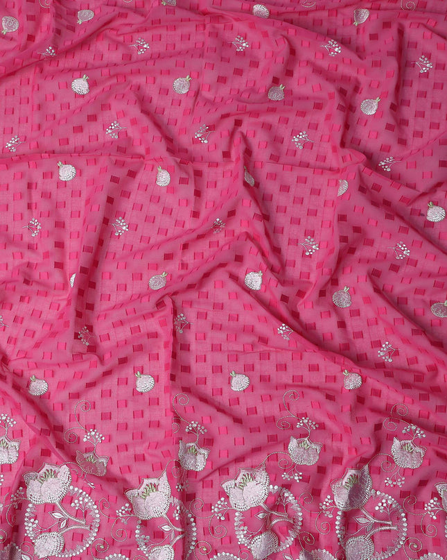 Pink Floral Premium Pure Swiss 100% Cotton Voile Embroidered Traditional Sudanese Thobe 4.5 Mtrs 140cm Swiss Quality - D30290