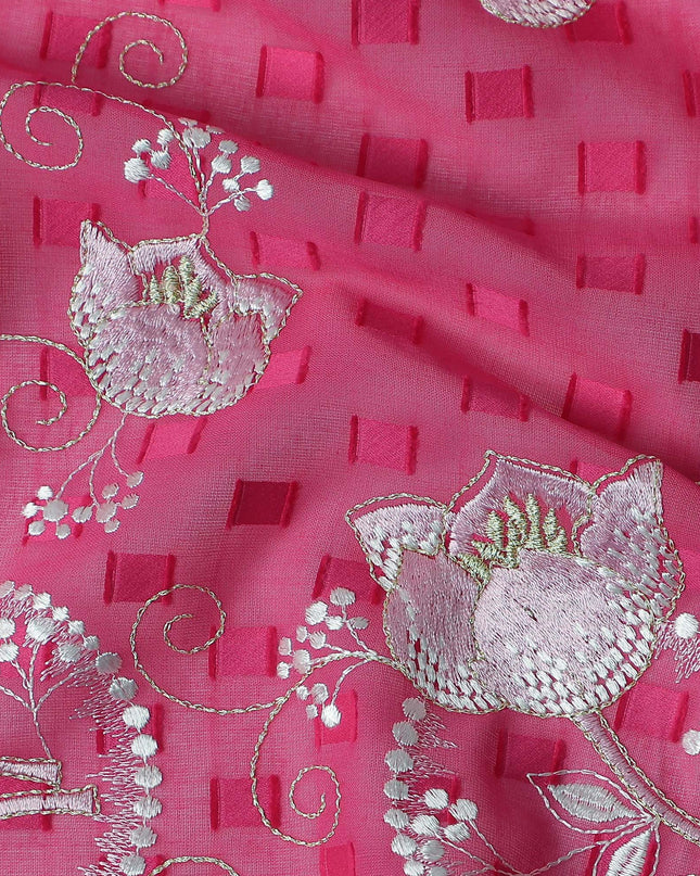 Pink Floral Premium Pure Swiss 100% Cotton Voile Embroidered Traditional Sudanese Thobe 4.5 Mtrs 140cm Swiss Quality - D30290