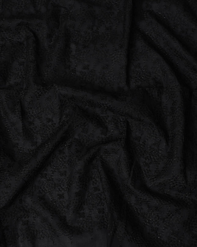 Jet Black Self Design Cotton Voile Fabric 110cm