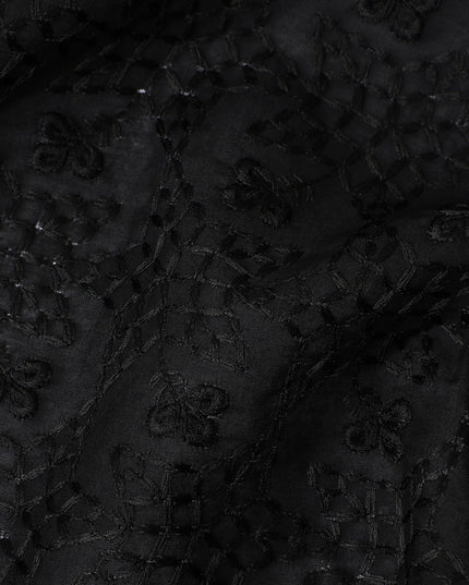 Jet Black Self Design Cotton Voile Fabric 110cm
