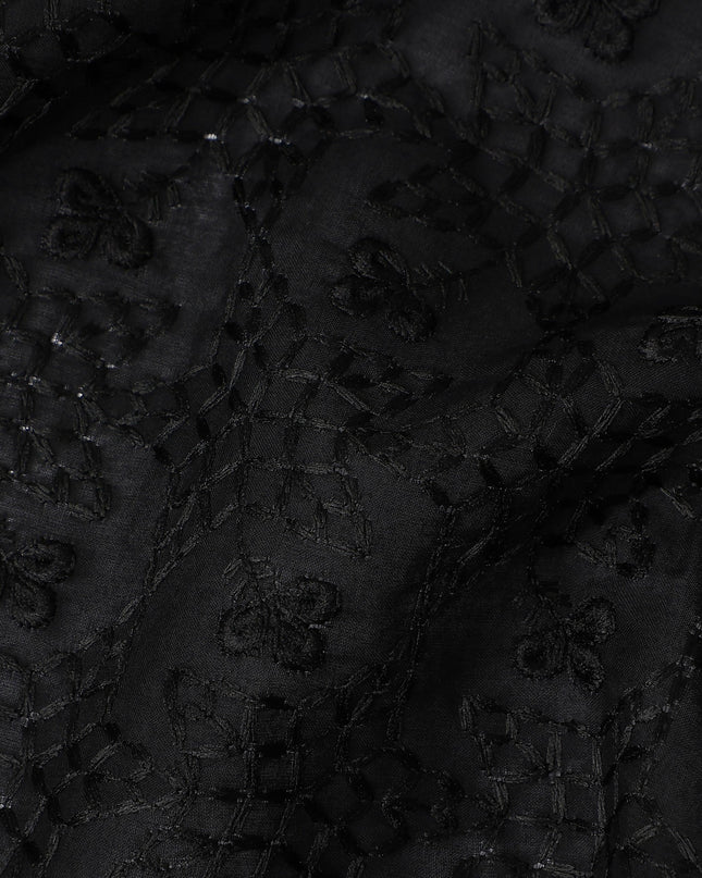 Jet Black Self Design Cotton Voile Fabric 110cm