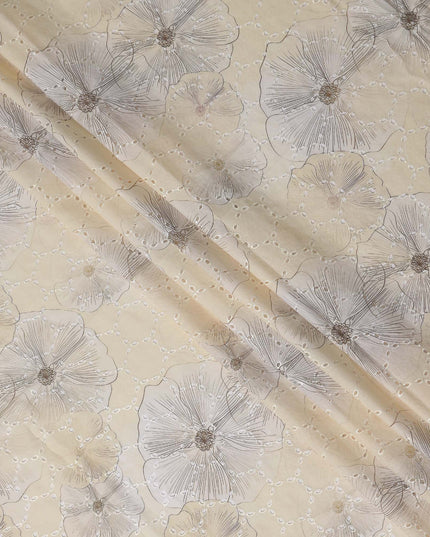 Champagne Beige Floral Cotton Voile Fabric 110cm