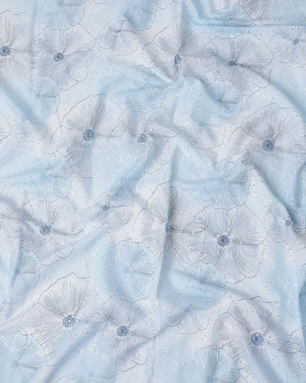 Powder Blue Floral Cotton Voile Fabric 110cm