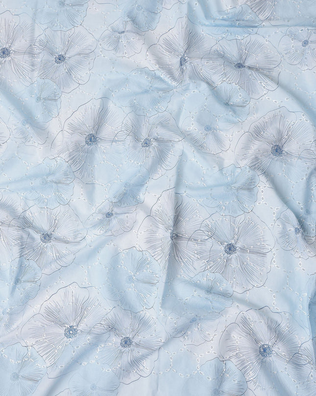 Powder Blue Floral Cotton Voile Fabric 110cm