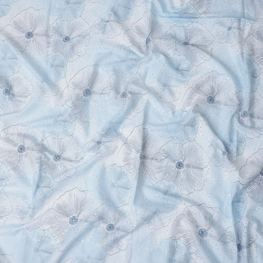 Powder Blue Floral Cotton Voile Fabric 110cm