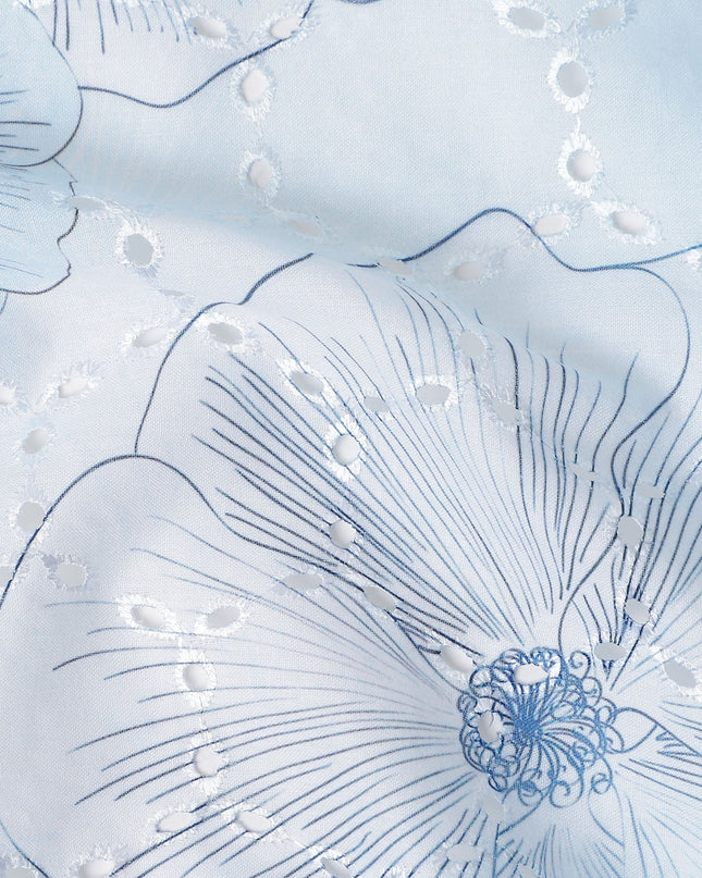 Powder Blue Floral Cotton Voile Fabric 110cm