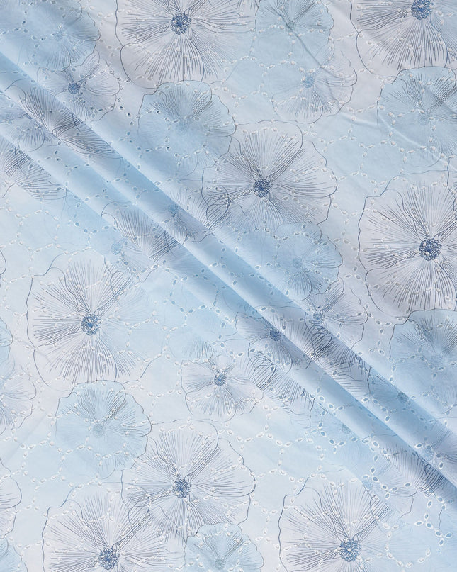 Powder Blue Floral Cotton Voile Fabric 110cm