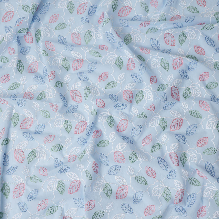 Sky Blue Leaf Cotton Voile Fabric 110cm