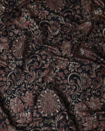 Black Ornate Floral Foil Viscose Fabric 110cm