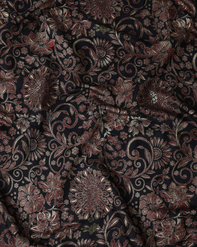 Black Ornate Floral Foil Viscose Fabric 110cm