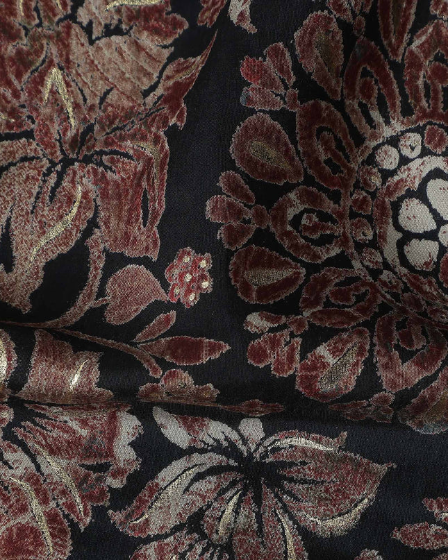 Black Ornate Floral Foil Viscose Fabric 110cm