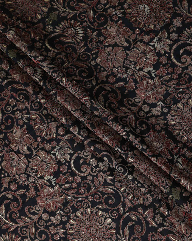 Black Ornate Floral Foil Viscose Fabric 110cm
