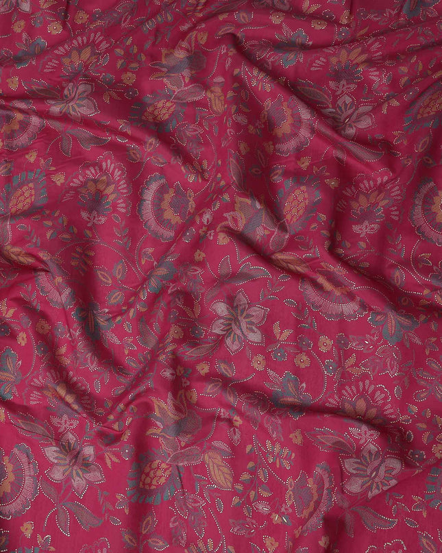 Magenta Red Floral Foil Viscose Fabric 110cm