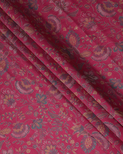 Magenta Red Floral Foil Viscose Fabric 110cm