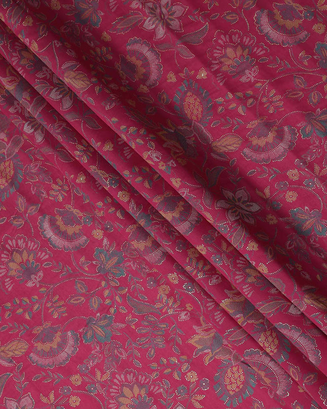 Magenta Red Floral Foil Viscose Fabric 110cm
