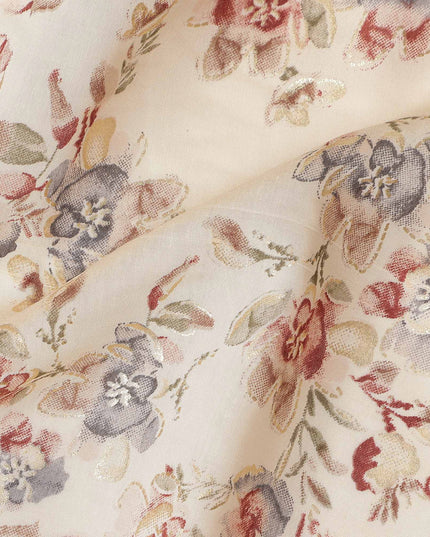 Cream Rose Floral Foil Viscose Fabric 110cm