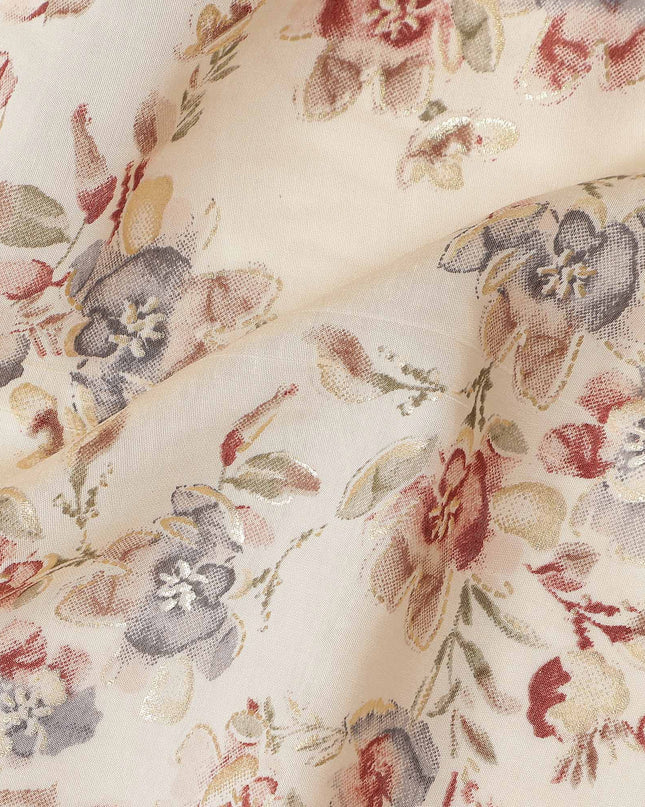Cream Rose Floral Foil Viscose Fabric 110cm