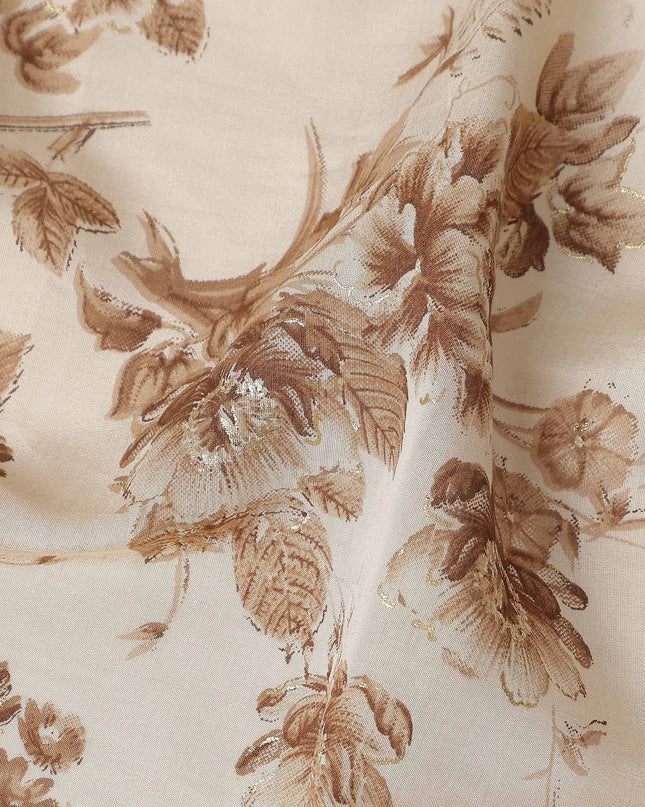 Cream Brown Floral Foil Viscose Fabric 110cm