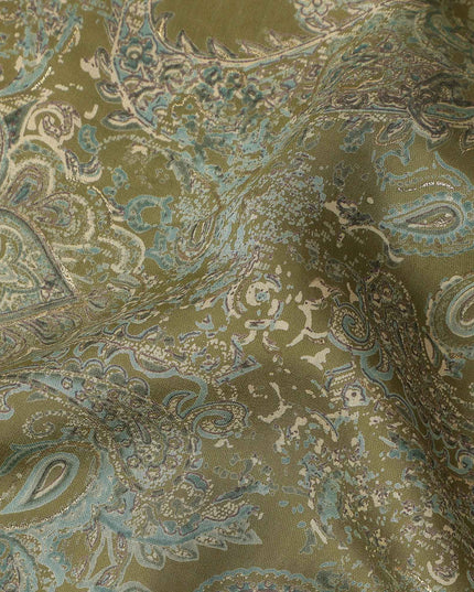 Olive Green Paisley Foil Viscose Fabric 110cm