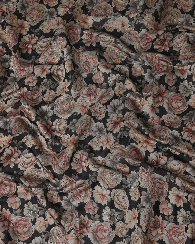 Charcoal Black Rose Floral Cotton Lawn Fabric 110cm