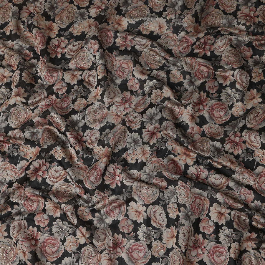 Charcoal Black Rose Floral Cotton Lawn Fabric 110cm