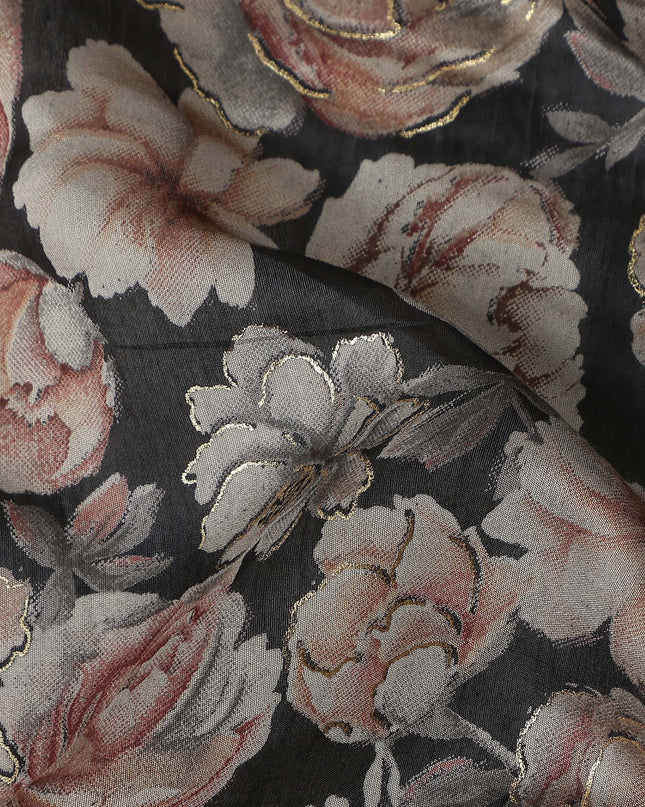 Charcoal Black Rose Floral Cotton Lawn Fabric 110cm