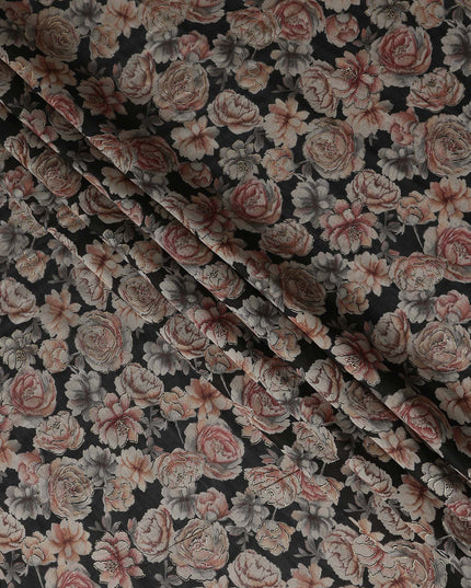 Charcoal Black Rose Floral Cotton Lawn Fabric 110cm