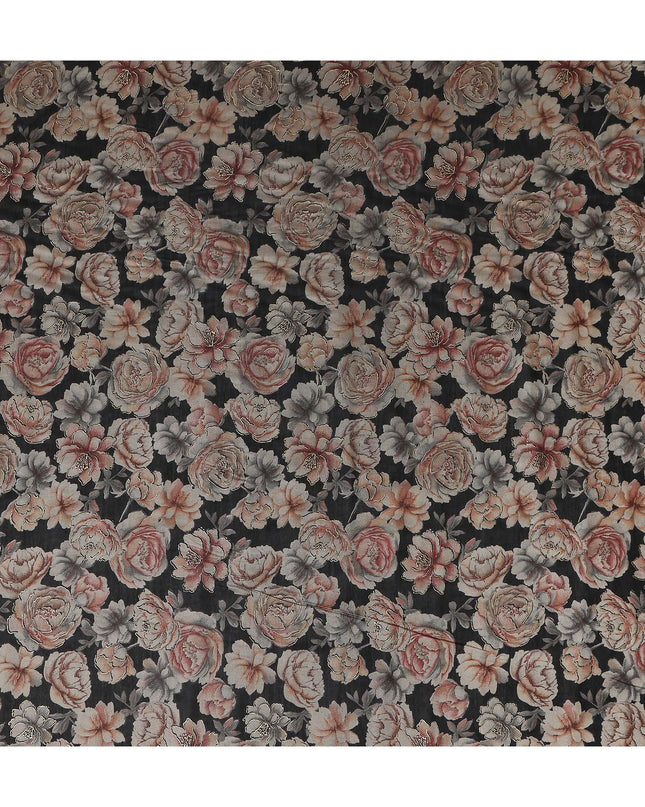Charcoal Black Rose Floral Cotton Lawn Fabric 110cm