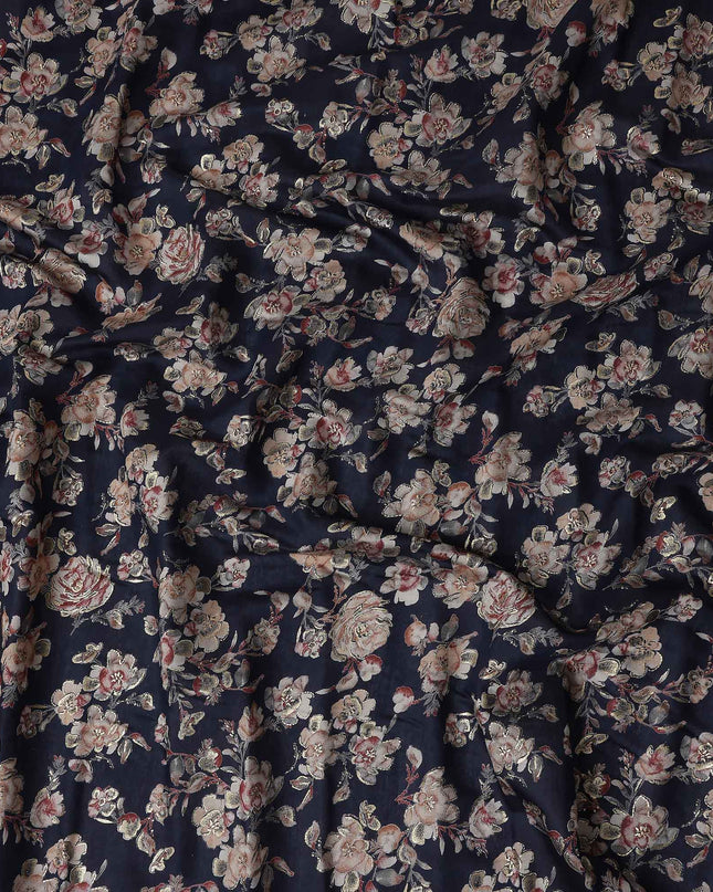 Navy Blue Small Floral Foil Viscose 110cm